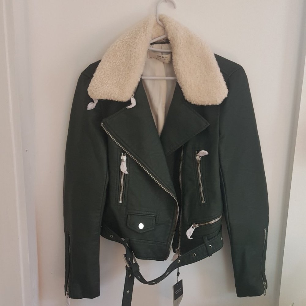 NWT Zara faux leather dark green bomber jacket